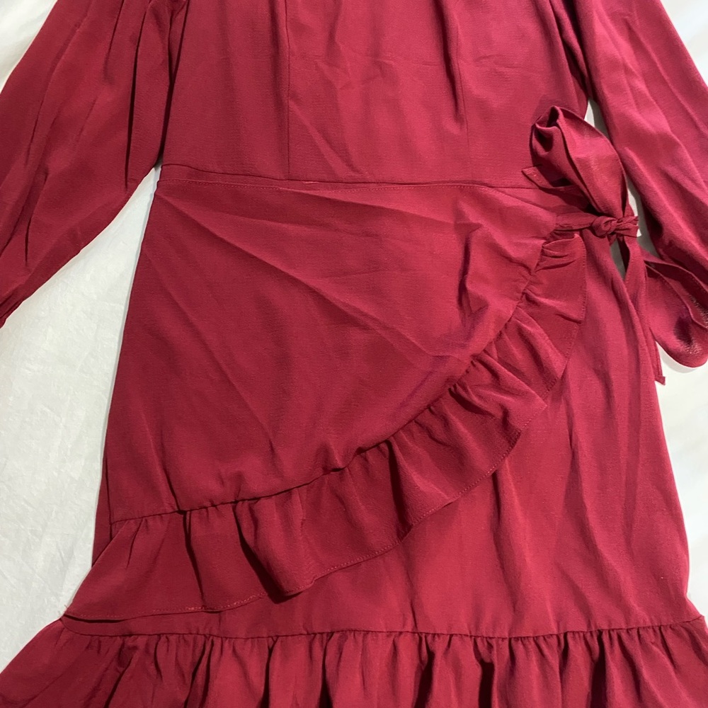 Red Long Sleeve Dress Mid Thigh Dress Faux Wrap - Picture 2 of 7